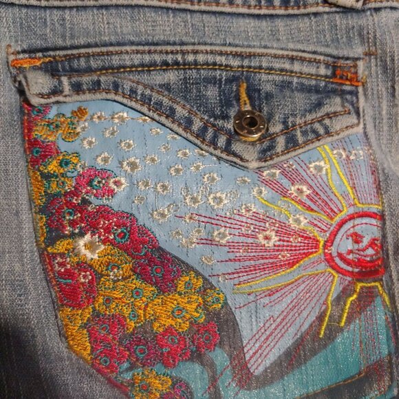 ZD Jeans Embroidered Sun Burst Boot Cut Raw Hem Stretch Pants 13 - Picture 2 of 10